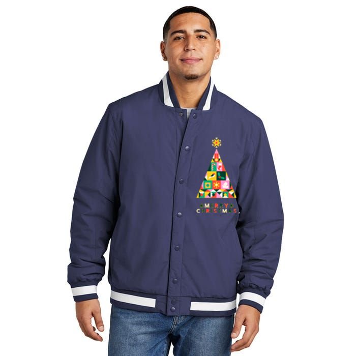 Vintage Merry Christmas Pattern Tree Insulated Varsity Jacket