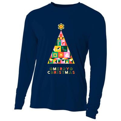 Vintage Merry Christmas Pattern Tree Cooling Performance Long Sleeve Crew