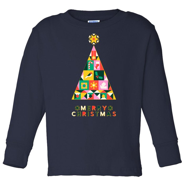 Vintage Merry Christmas Pattern Tree Toddler Long Sleeve Shirt