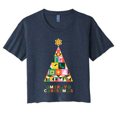 Vintage Merry Christmas Pattern Tree Crop Top