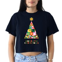Vintage Merry Christmas Pattern Tree Women's Crop Top Tee