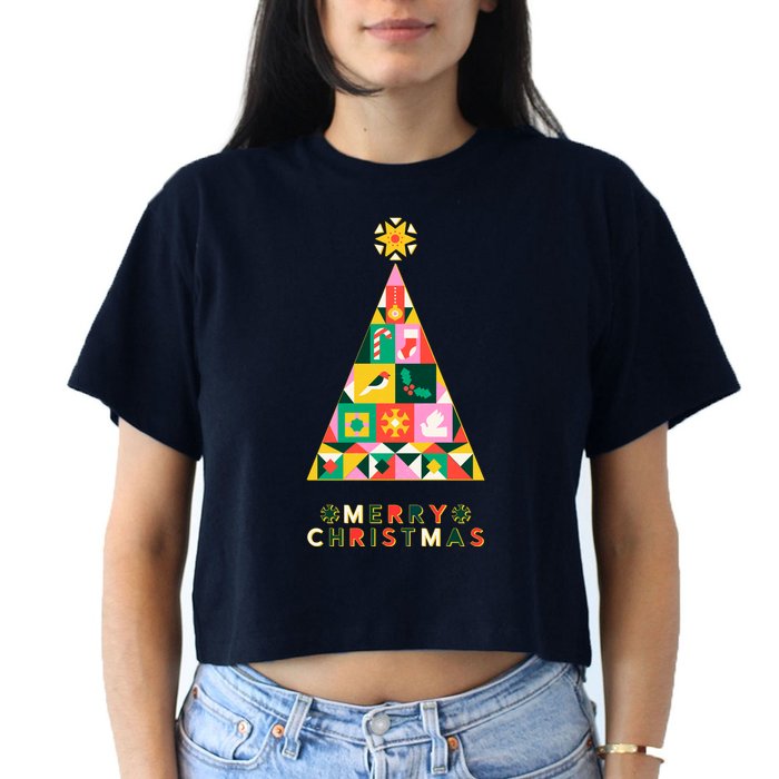 Vintage Merry Christmas Pattern Tree Women's Crop Top Tee