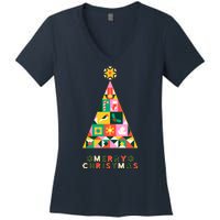 Vintage Merry Christmas Pattern Tree Women's V-Neck T-Shirt