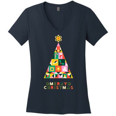 Vintage Merry Christmas Pattern Tree Women's V-Neck T-Shirt