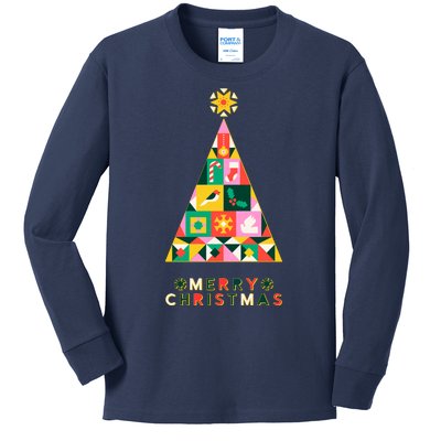 Vintage Merry Christmas Pattern Tree Kids Long Sleeve Shirt