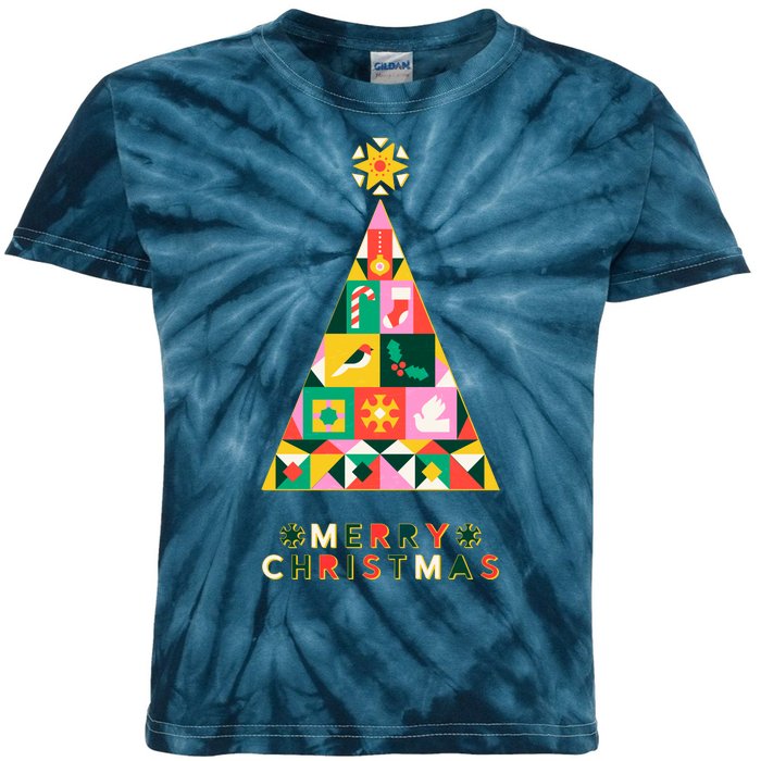 Vintage Merry Christmas Pattern Tree Kids Tie-Dye T-Shirt