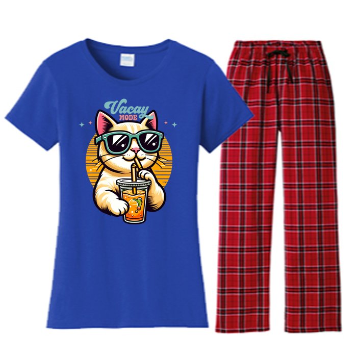 Vacay Mode Cute Cat Sunglasses Funny Family Vacation Trip Gift Women's Flannel Pajama Set