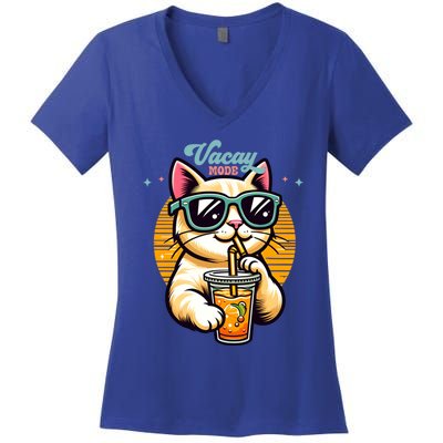 Vacay Mode Cute Cat Sunglasses Funny Family Vacation Trip Gift Women's V-Neck T-Shirt