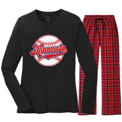 Vintage Minnesota Cityscape Baseball Lover Player And Fans Women's Long Sleeve Flannel Pajama Set 