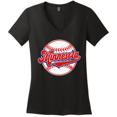 Vintage Minnesota Cityscape Baseball Lover Player And Fans Women's V-Neck T-Shirt