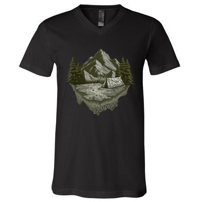 Vintage Mountain Camping Graphic V-Neck T-Shirt