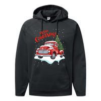 Vintage Merry Christmas Red Pickup Truck Old Fashioned Xmas Long Sleeve Performance Fleece Hoodie