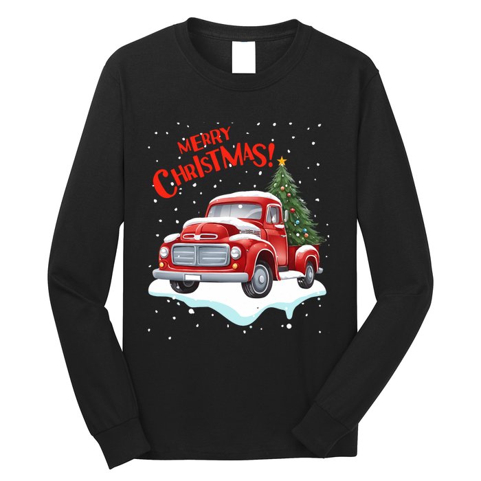 Vintage Merry Christmas Red Pickup Truck Old Fashioned Xmas Long Sleeve Long Sleeve Shirt