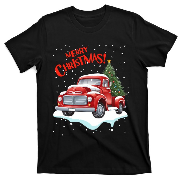 Vintage Merry Christmas Red Pickup Truck Old Fashioned Xmas Long Sleeve T-Shirt