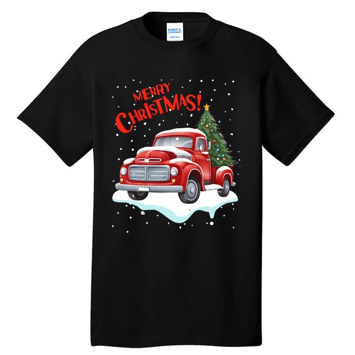 Vintage Merry Christmas Red Pickup Truck Old Fashioned Xmas Long Sleeve Tall T-Shirt