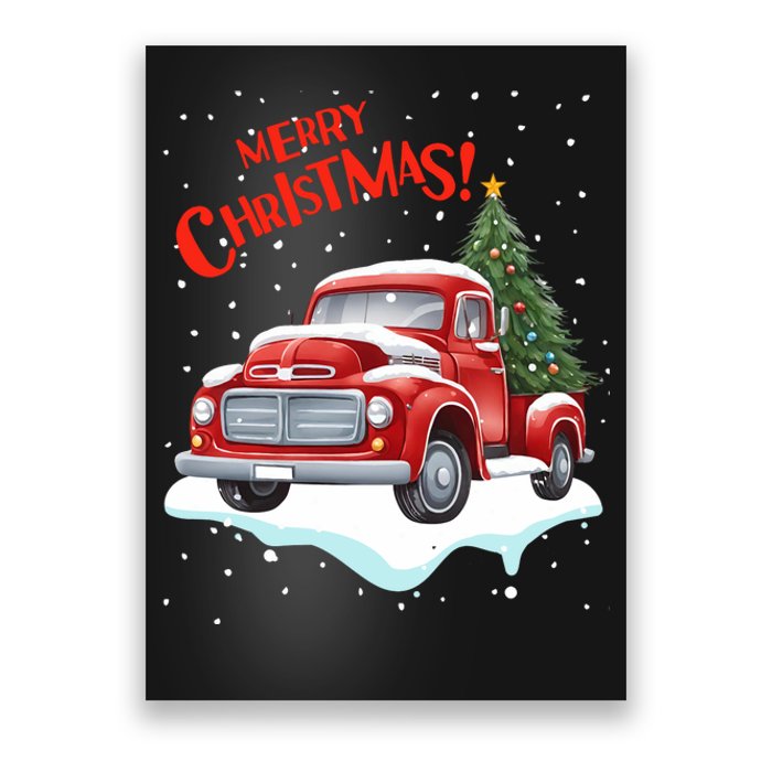 Vintage Merry Christmas Red Pickup Truck Old Fashioned Xmas Long Sleeve Poster