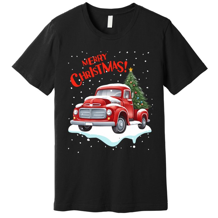 Vintage Merry Christmas Red Pickup Truck Old Fashioned Xmas Long Sleeve Premium T-Shirt