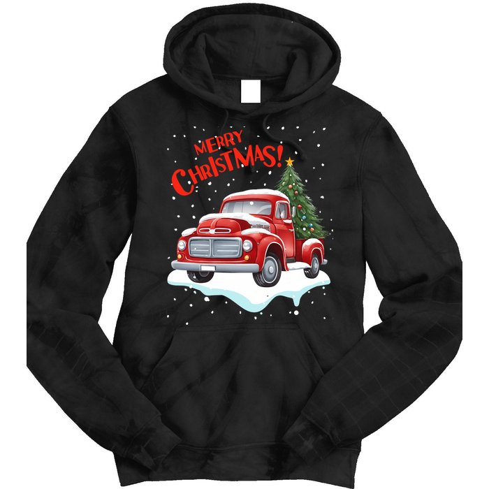 Vintage Merry Christmas Red Pickup Truck Old Fashioned Xmas Long Sleeve Tie Dye Hoodie