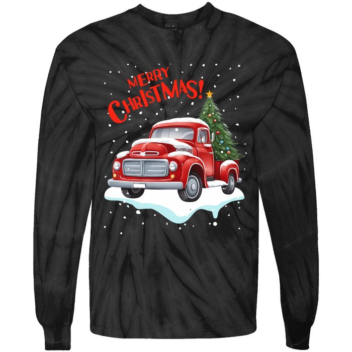 Vintage Merry Christmas Red Pickup Truck Old Fashioned Xmas Long Sleeve Tie-Dye Long Sleeve Shirt