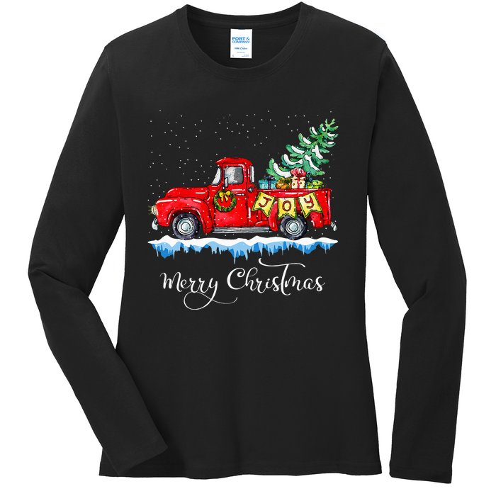 Vintage Merry Christmas Red Truck Old Fashioned Christmas Ladies Long Sleeve Shirt