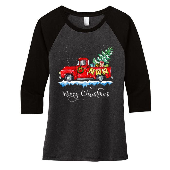 Vintage Merry Christmas Red Truck Old Fashioned Christmas Women's Tri-Blend 3/4-Sleeve Raglan Shirt