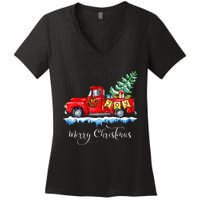 Vintage Merry Christmas Red Truck Old Fashioned Christmas Women's V-Neck T-Shirt