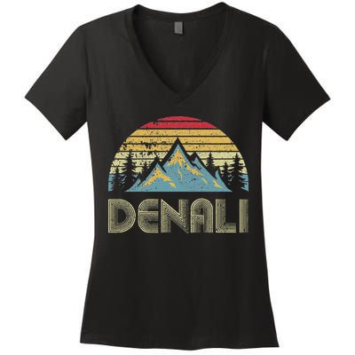 Vintage Mt. Denali National Park Alaska Mountain Women's V-Neck T-Shirt