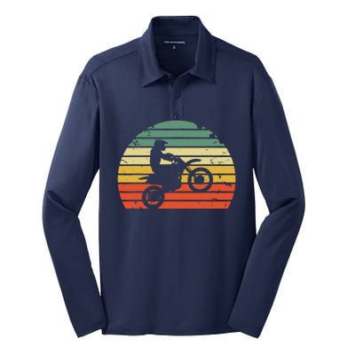 Vintage Motocross Dirt Bike Silhouette Retro Dirt Bike Silk Touch Performance Long Sleeve Polo