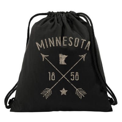 Vintage Minnesota Distressed Home State Map Boho Arrows Drawstring Bag