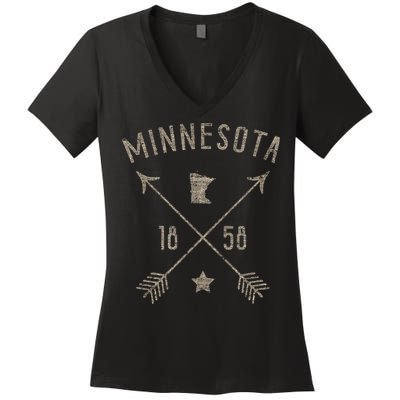 Vintage Minnesota Distressed Home State Map Boho Arrows Women's V-Neck T-Shirt