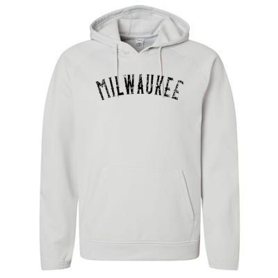 Vintage Milwaukee Distressed Black Text Apparel Performance Fleece Hoodie