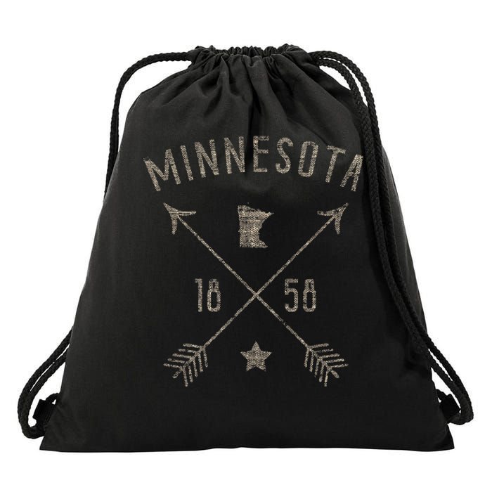 Vintage Minnesota Distressed Home State Map Boho Arrows Drawstring Bag