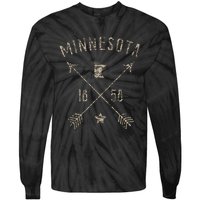 Vintage Minnesota Distressed Home State Map Boho Arrows Tie-Dye Long Sleeve Shirt