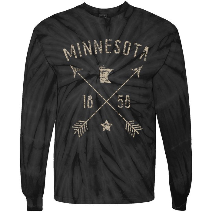 Vintage Minnesota Distressed Home State Map Boho Arrows Tie-Dye Long Sleeve Shirt