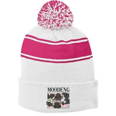 Vintage Moo Deng Bootleg Rap I Love Moo Deng Hippo Lover Stripe Pom Pom Beanie