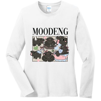 Vintage Moo Deng Bootleg Rap I Love Moo Deng Hippo Lover Ladies Long Sleeve Shirt
