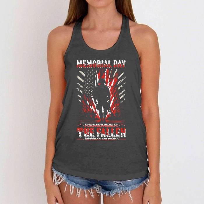 Vintage Memorial Day Remember The Fallen Veteran Military Women's Knotted Racerback Tank