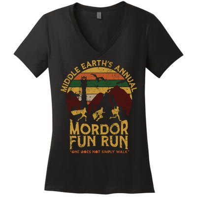 Vintage Middle Earth'S Annual Mordor Fun Run One Does Not Simply Walk Women's V-Neck T-Shirt