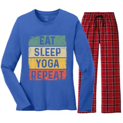 Vintage Meditation Exercise Funny Eat Sleep Yoga Repeat Gift Women's Long Sleeve Flannel Pajama Set 