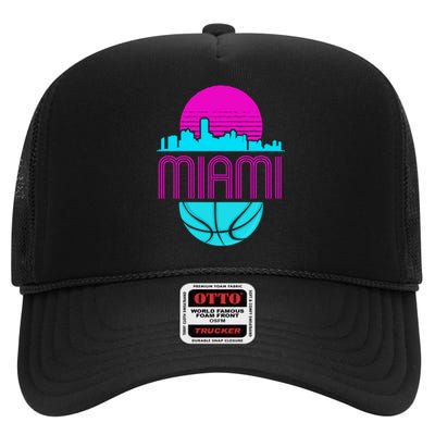 Vintage Miami Florida Cityscape Retro Basketball High Crown Mesh Back Trucker Hat