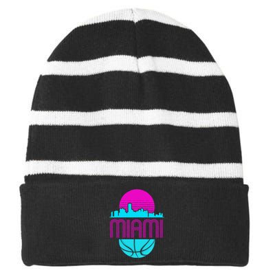 Vintage Miami Florida Cityscape Retro Basketball Striped Beanie with Solid Band