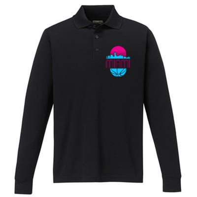 Vintage Miami Florida Cityscape Retro Basketball Performance Long Sleeve Polo