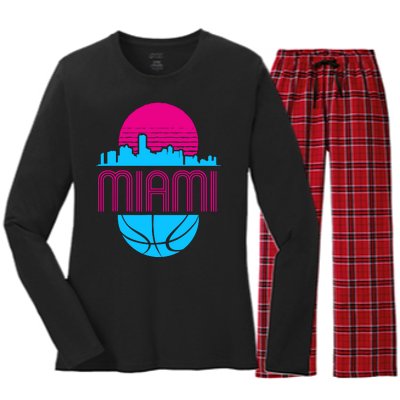 Vintage Miami Florida Cityscape Retro Basketball Women's Long Sleeve Flannel Pajama Set 