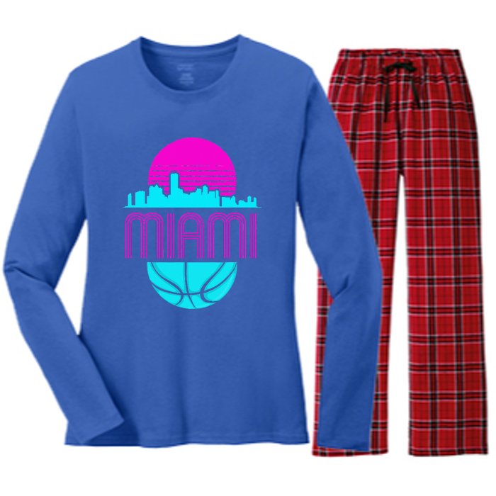 Vintage Miami Florida Cityscape Retro Basketball Women's Long Sleeve Flannel Pajama Set 