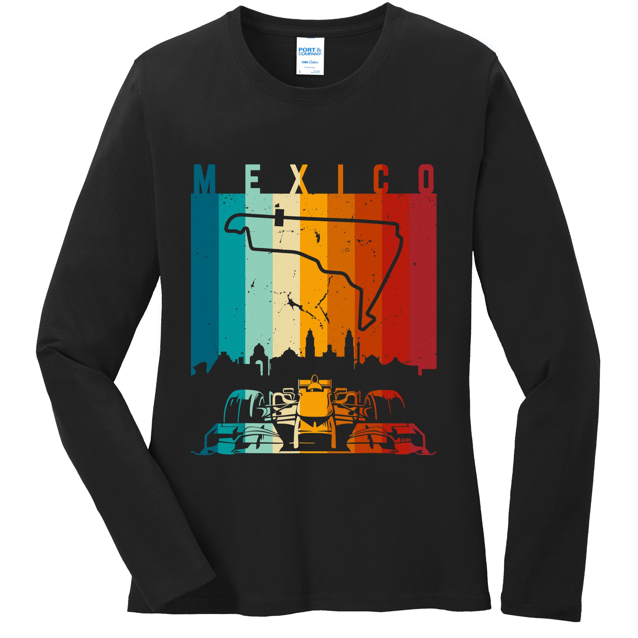 Vintage Mexico Formula Racing Track Circuit Fan Ladies Long Sleeve Shirt