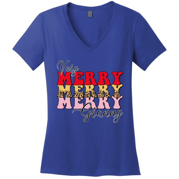 Very Merry Granny Boho Xmas Lights Leopard Christmas Pajama Cute Gift Women's V-Neck T-Shirt