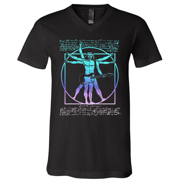 Vitruvian Man Guitarist Rock Star Leonardo Da Vinci Guitar V-Neck T-Shirt