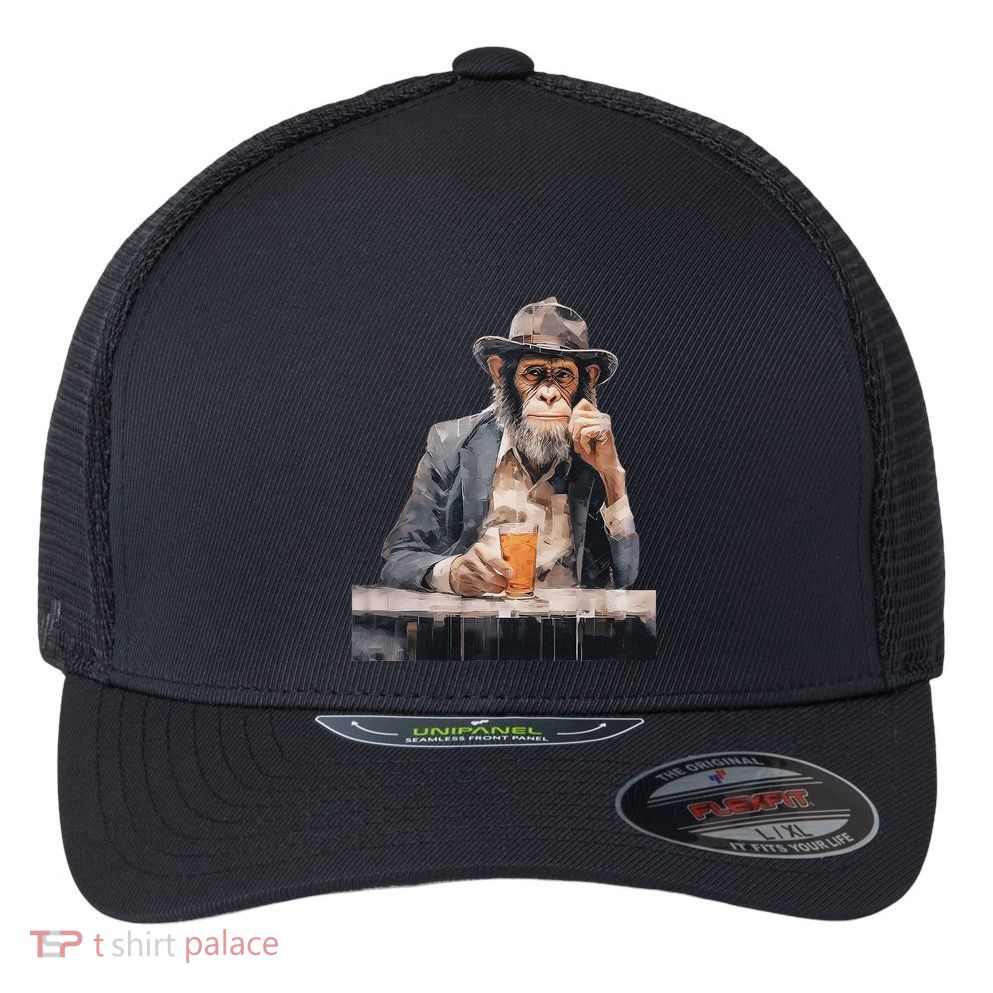 Vintage Monkey Gentleman Drink Whiskey Oil Painting Flexfit Unipanel Trucker Cap
