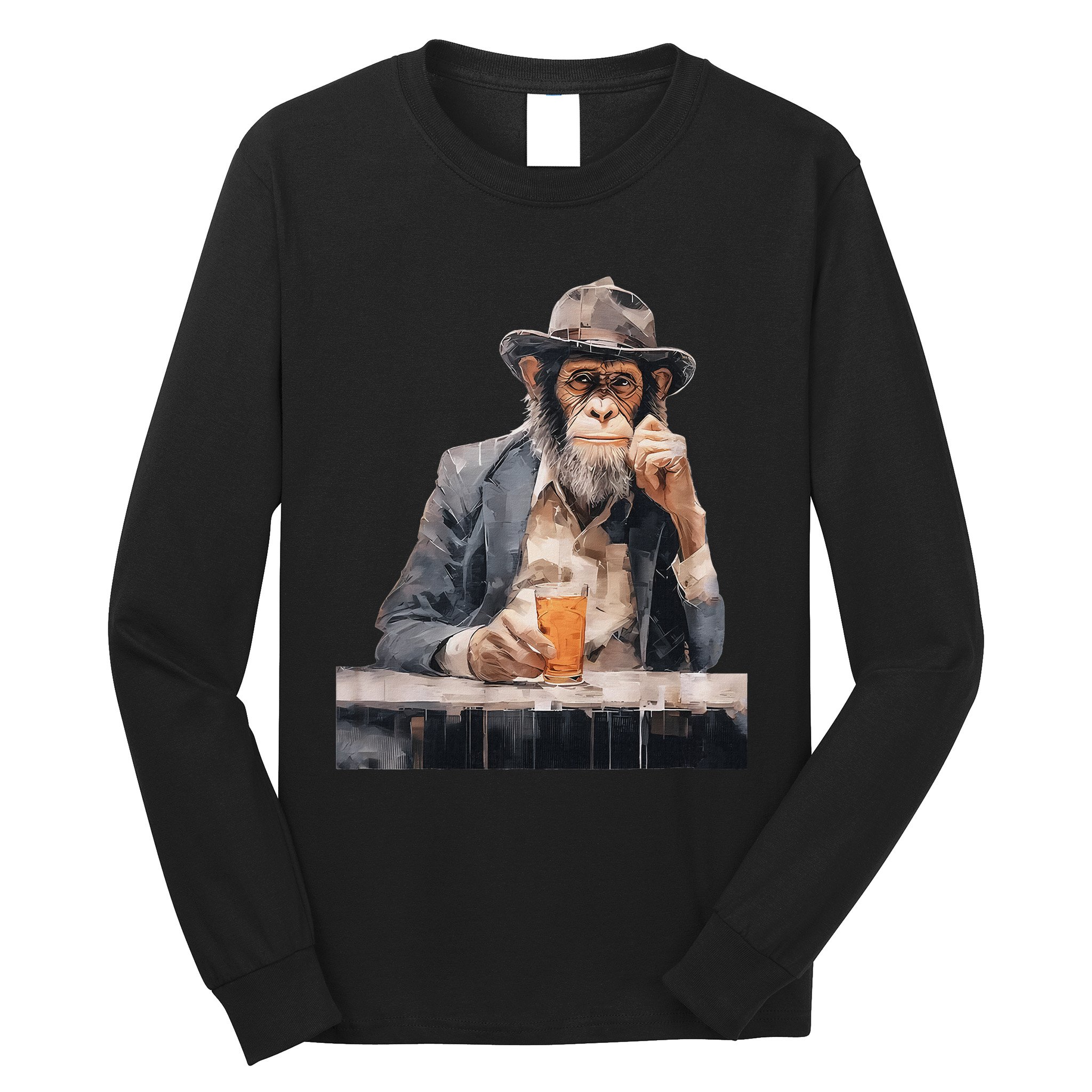 Vintage Monkey Gentleman Drink Whiskey Oil Painting Long Sleeve Shirt