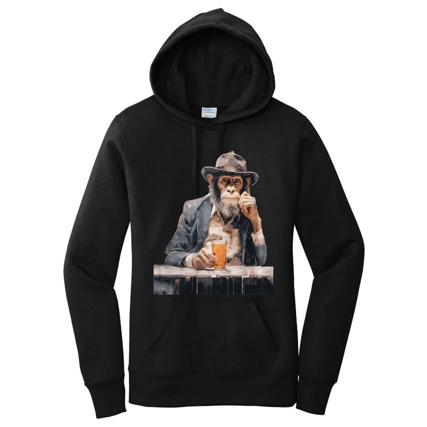 Vintage Monkey Gentleman Drink Whiskey Oil Painting Women's Pullover Hoodie